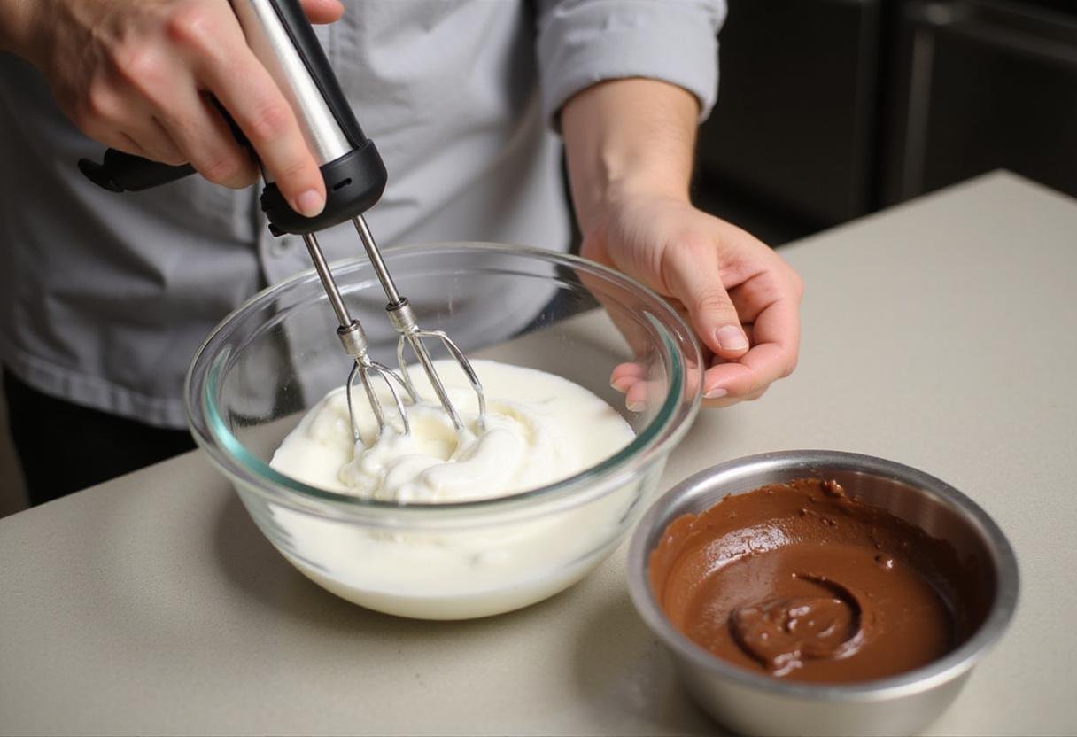 Whisking yogurt and sugar to create a creamy base for French yogurt mousse in a well-equipped kitchen.