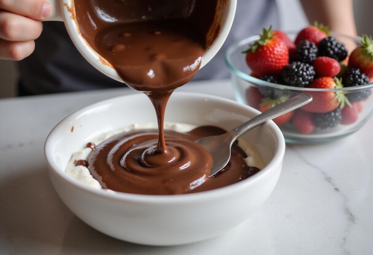 Pouring melted chocolate into the yogurt mixture, an essential step for French yogurt mousse preparation.
