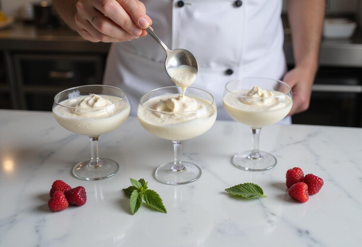 Spoonfuls of yogurt mousse being placed into serving glasses, preparing for presentation of the delicious dessert.