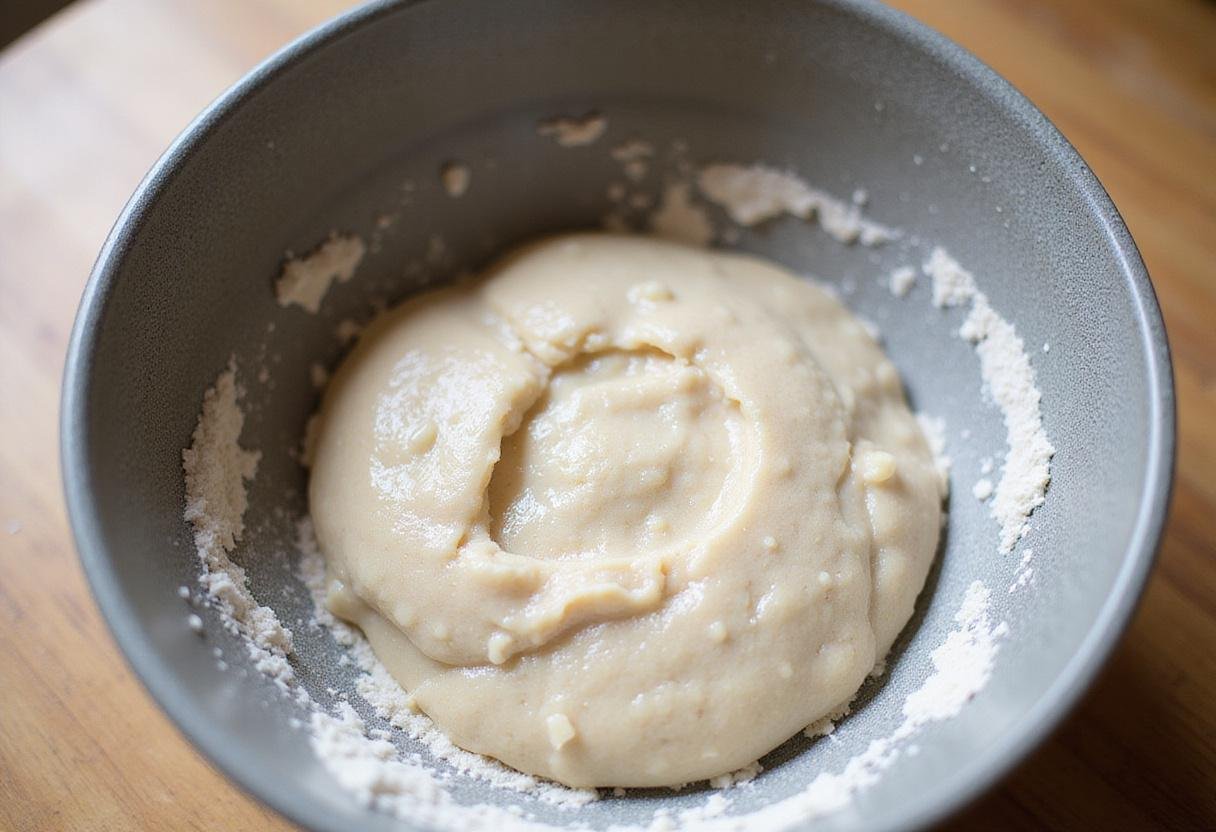 Sourdough starter mixing with flour and water, illustrating how long does sourdough bread last in the fermentation process.