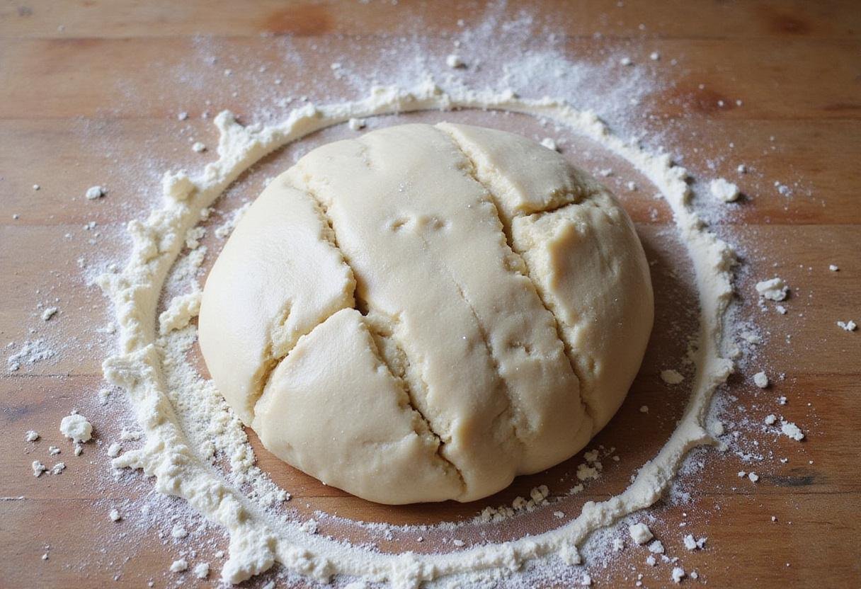 Kneading sourdough dough on a floured surface, emphasizing how long does sourdough bread last by ensuring the dough's proper consistency.