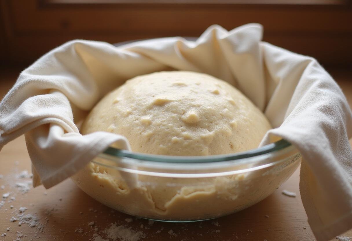 Dough rising inside a bowl, visually explaining how long sourdough bread lasts by promoting a strong rise during the fermentation process.