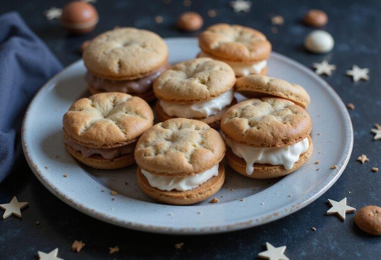 Beautifully arranged freeze-dried ice cream sandwiches on a plate against a starry backdrop, showcasing the final touch of space ice cream.