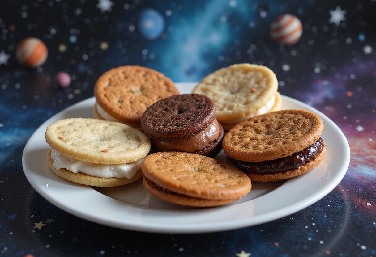 Beautifully arranged freeze-dried ice cream sandwiches on a plate against a starry backdrop, showcasing the final touch of space ice cream.