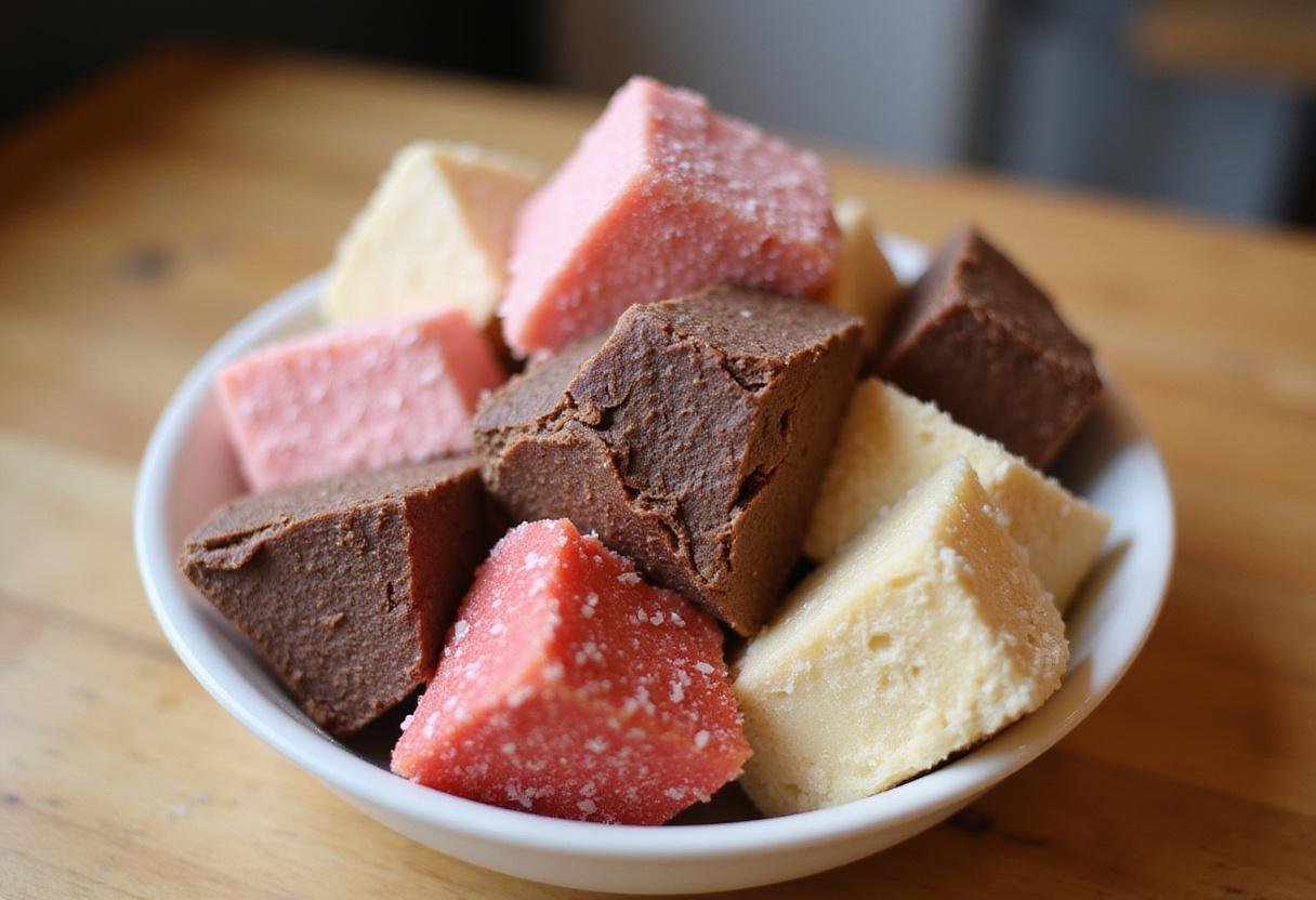 Delicious freeze-dried ice cream pieces in a colorful bowl on a wooden countertop, perfect for making space ice cream.