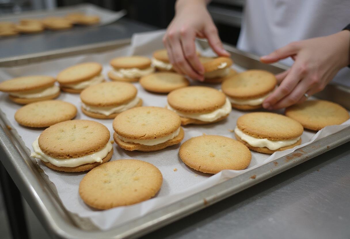 Assembling freeze-dried ice cream sandwiches with layers of ice cream between cookie-like wafers, a treat inspired by space ice cream.
