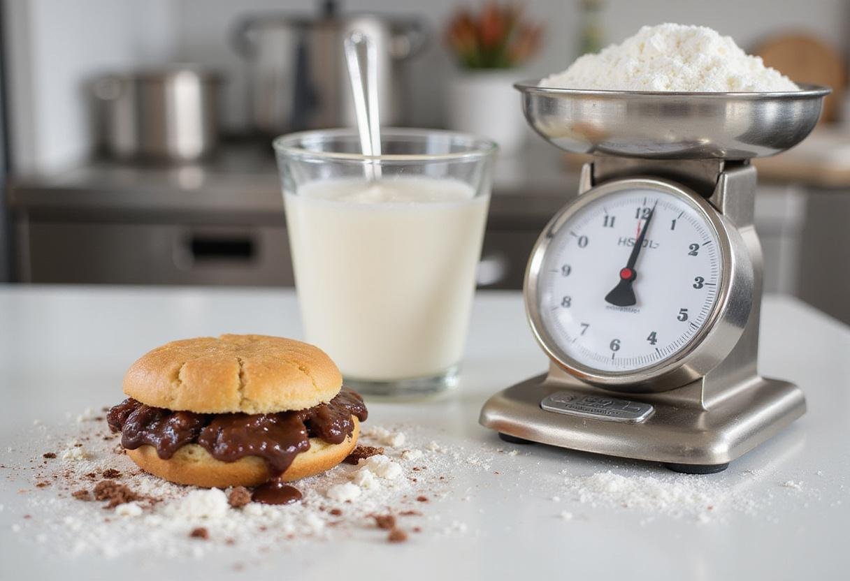 Measuring powdered ingredients for space ice cream sandwiches with a scale in a bright kitchen, highlighting the preparation process.