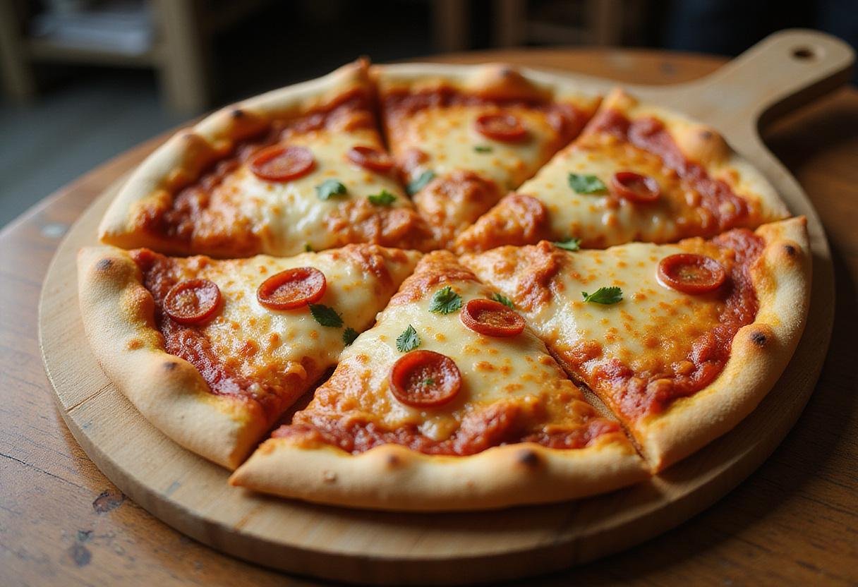Delicious Spicy Hot Stuff Pizza Treat with bubbling cheese and crispy crust, served on a pizza board.