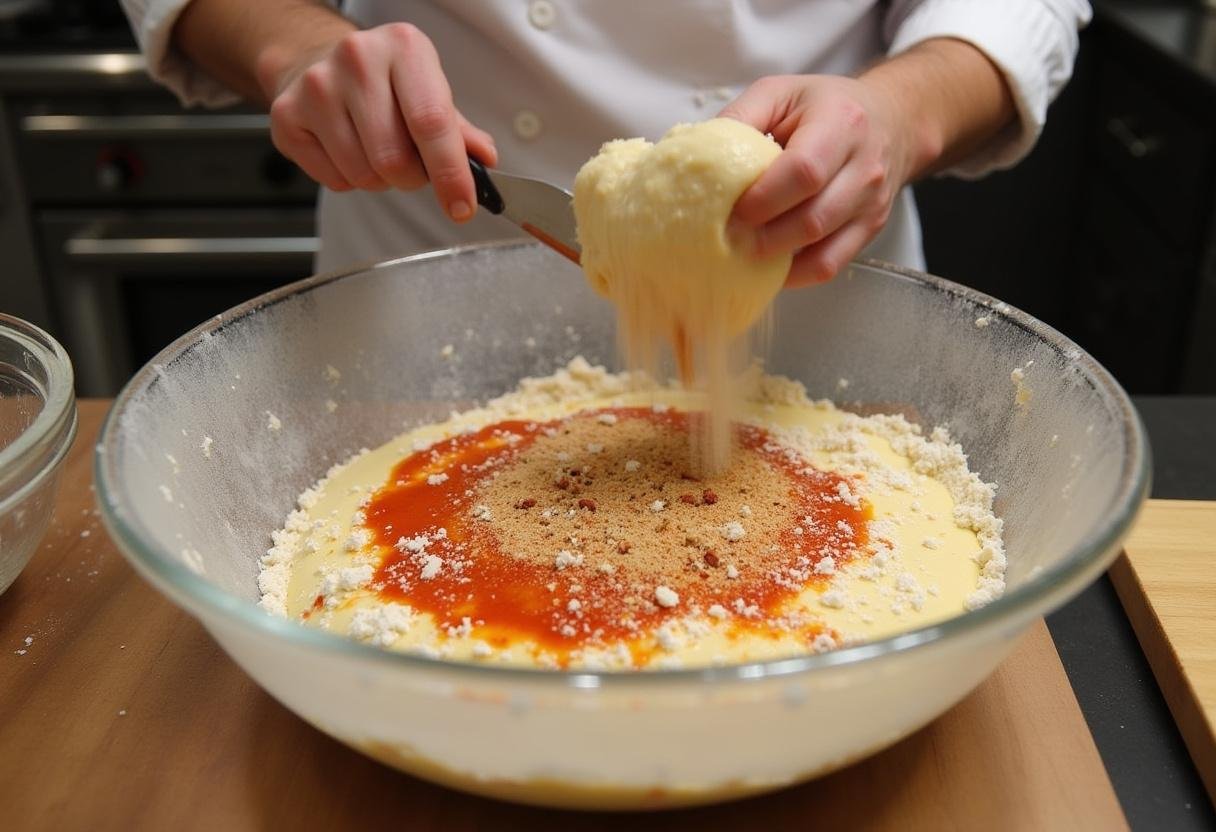 Making dough for hot stuff pizza with flour, yeast, spices and water in a bowl.