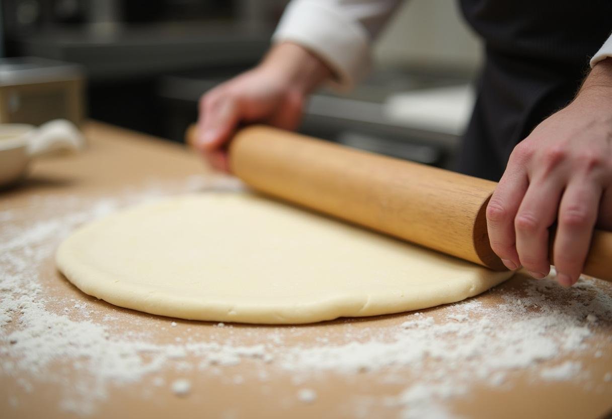 Rolling out pizza dough for spicy hot stuff pizza on a floured surface.
