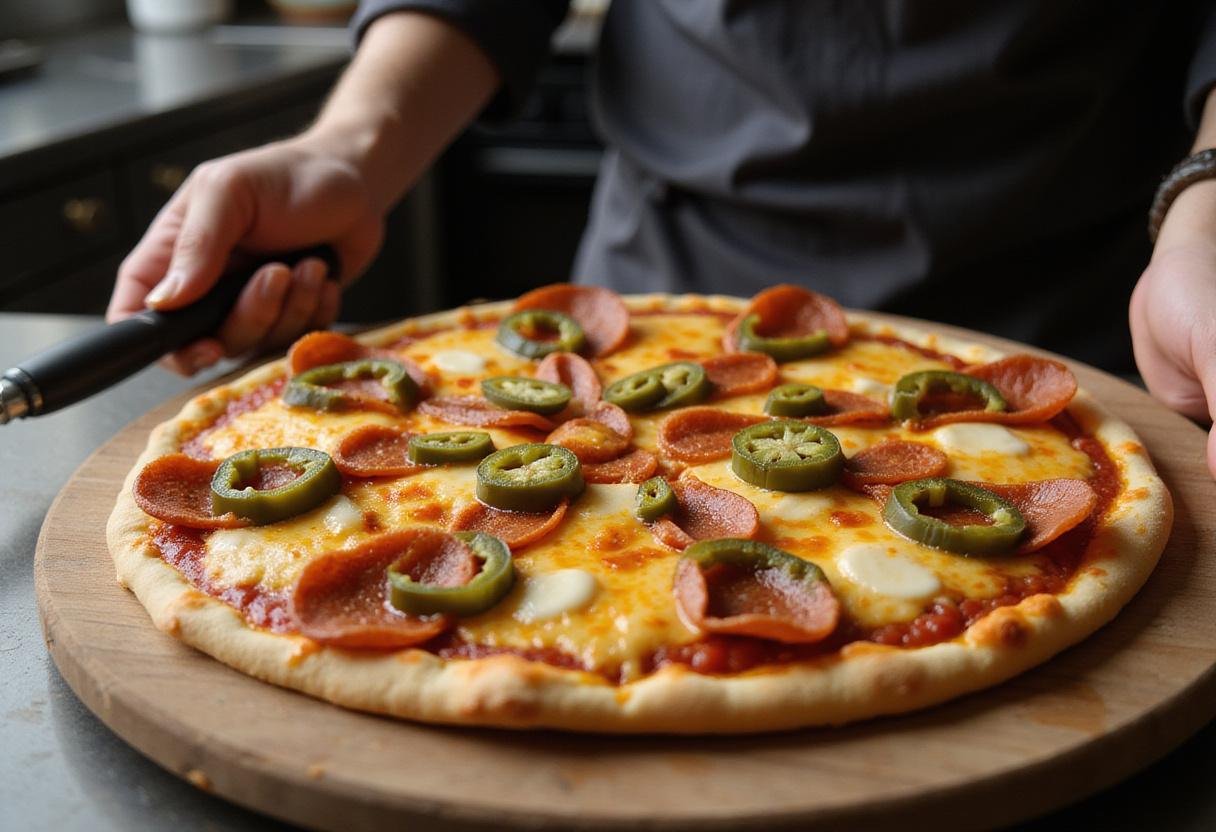 Topping spicy hot stuff pizza with pepperoni, jalapeños, and cheese.