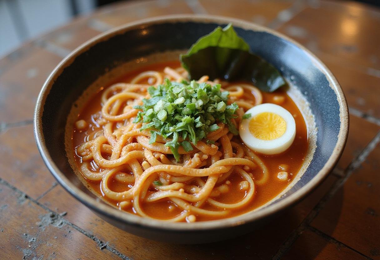 Delicious and colorful spicy Mexican ramen fusion served in a bowl, perfect for a satisfying meal.