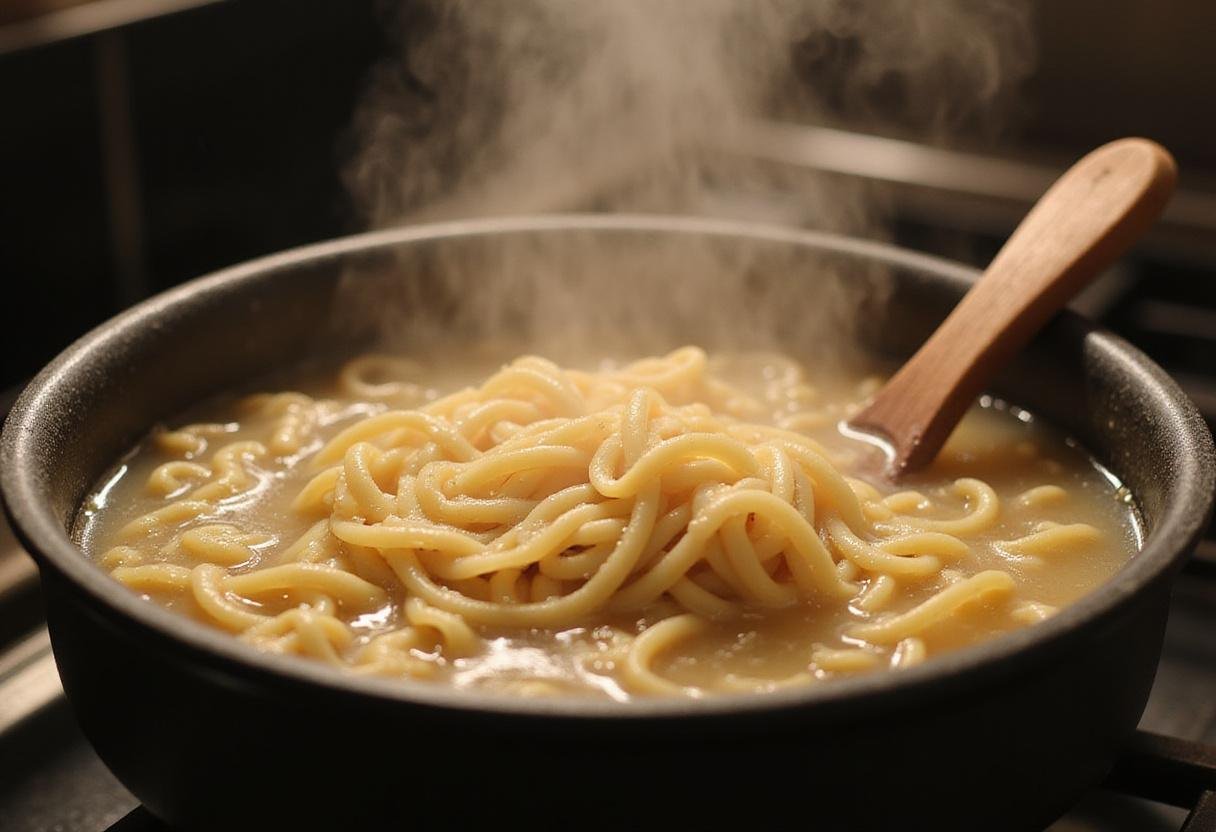 Cooking ramen noodles in boiling water for spicy Mexican ramen fusion.
