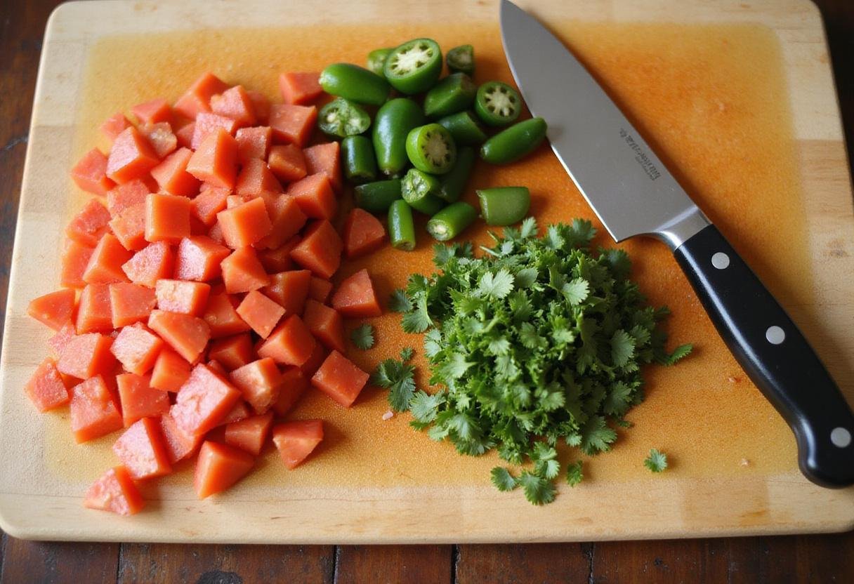 Chopping fresh ingredients for Mexican ramen to create a flavorful broth.