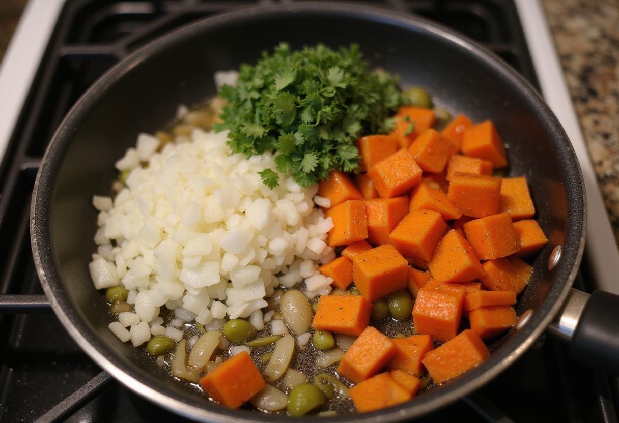 Sautéing garlic, onion, and vegetables for a rich and spicy broth in Mexican ramen.