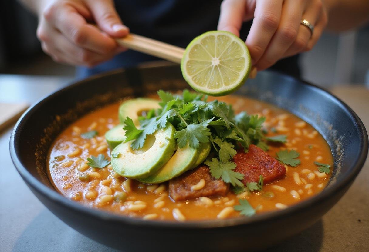 Garnishing spicy Mexican ramen with fresh lime and avocado for added flavor.