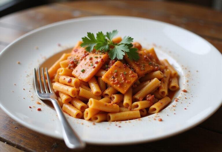 Final presentation of Spicy Rigatoni Recipe, showcasing a flavorful and vibrant dish ready to be enjoyed in a charming dining setting.