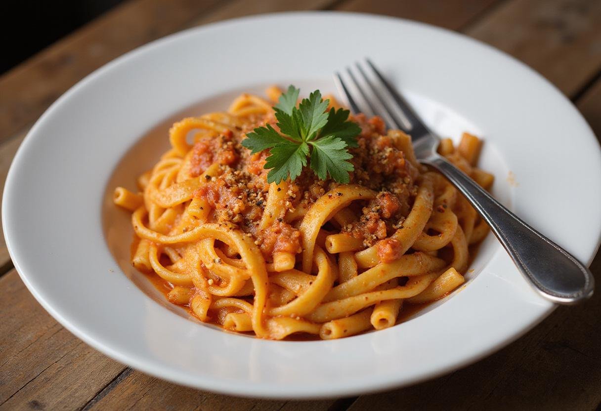 Final presentation of Spicy Rigatoni Recipe, showcasing a flavorful and vibrant dish ready to be enjoyed in a charming dining setting.