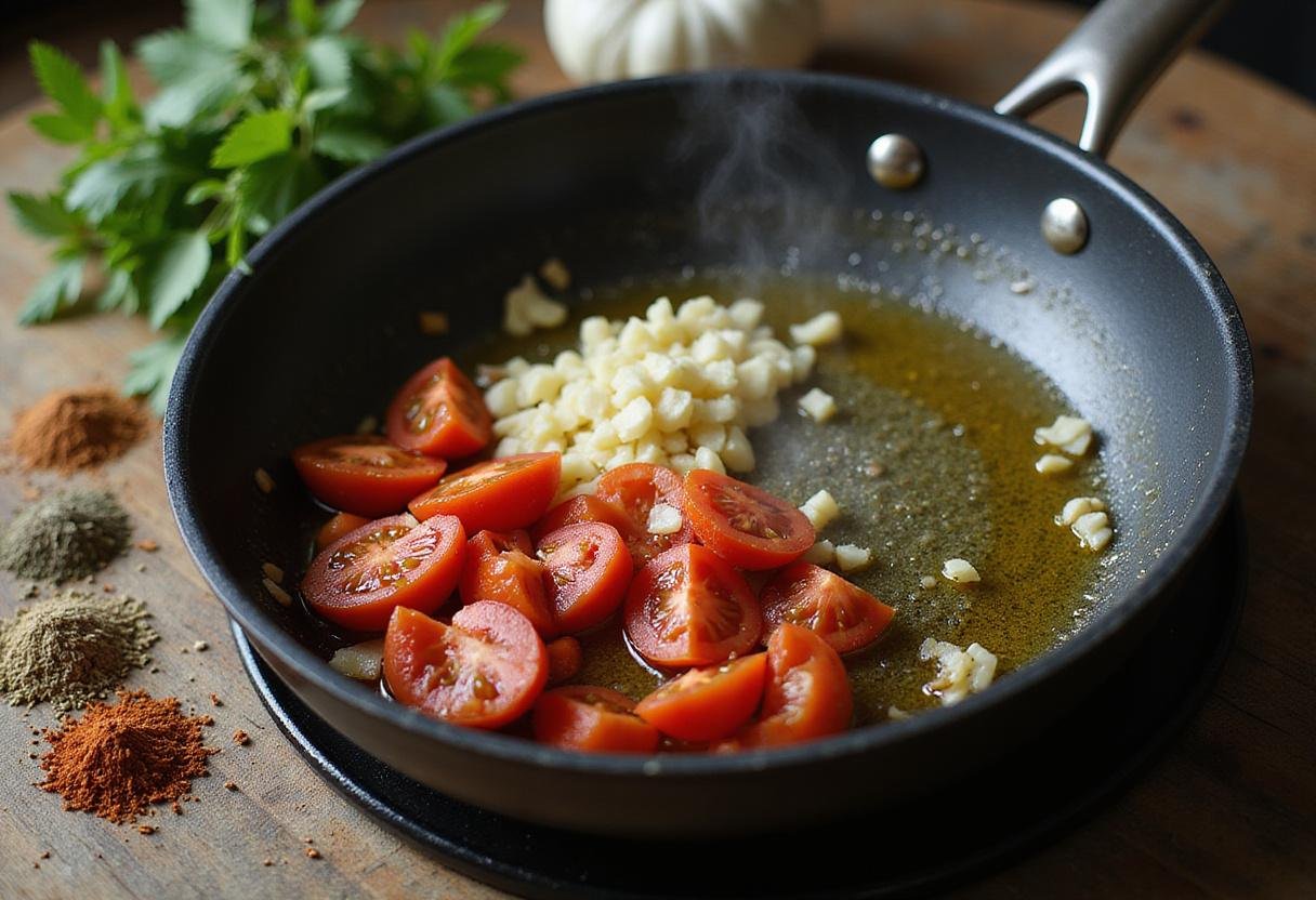 Cooking the sauce for Spicy Rigatoni Recipe, featuring fresh ingredients and aromatic herbs in a homey kitchen environment.