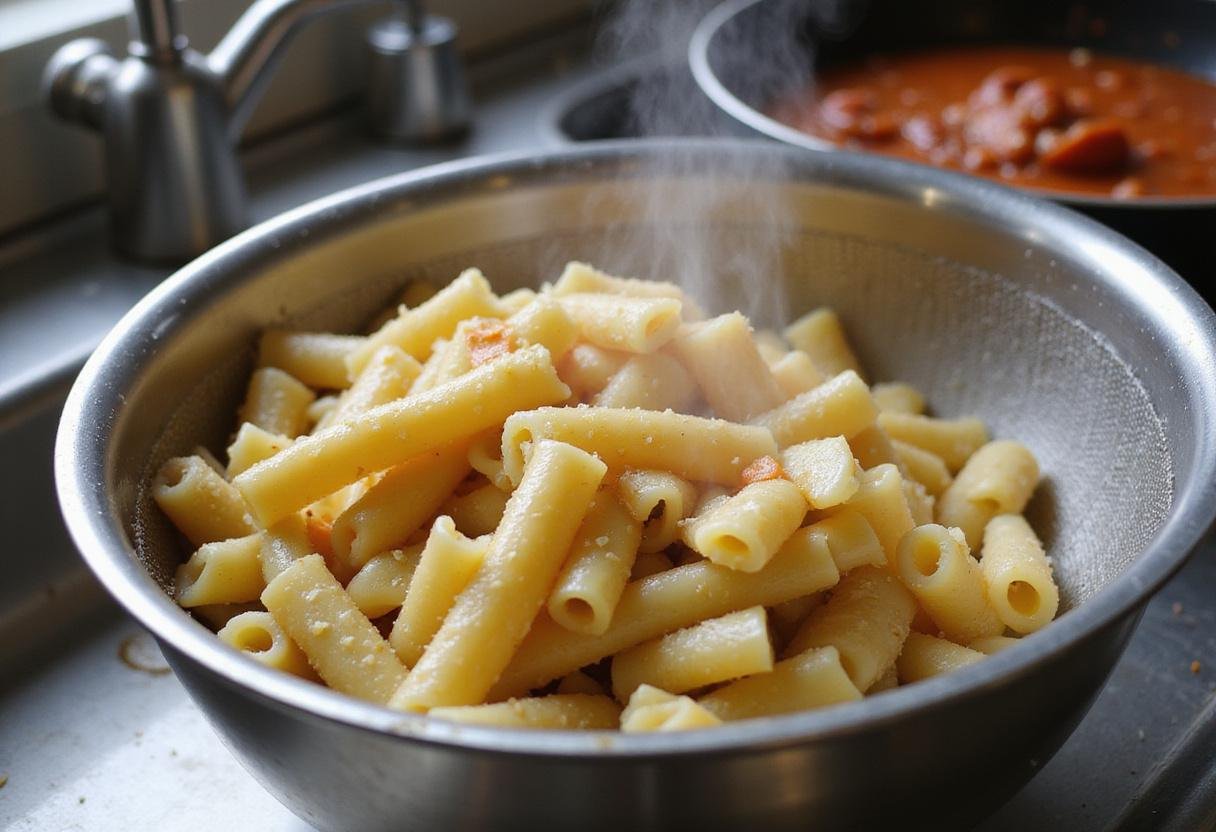 Draining rigatoni pasta for Spicy Rigatoni Recipe, highlighting the transition to combining the pasta with the sauce.
