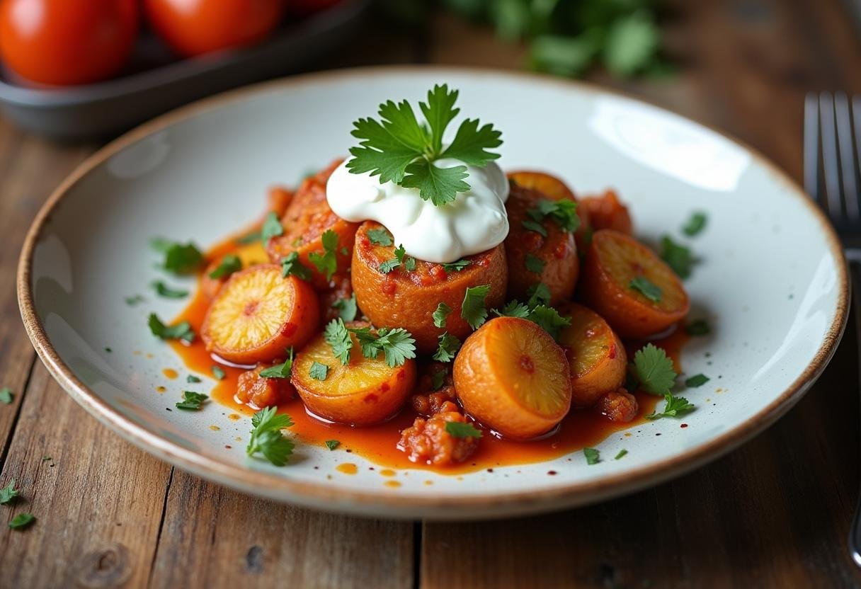 deliciously served spicy taco potatoes with toppings, a tempting presentation of taco potatoes on a rustic wooden table