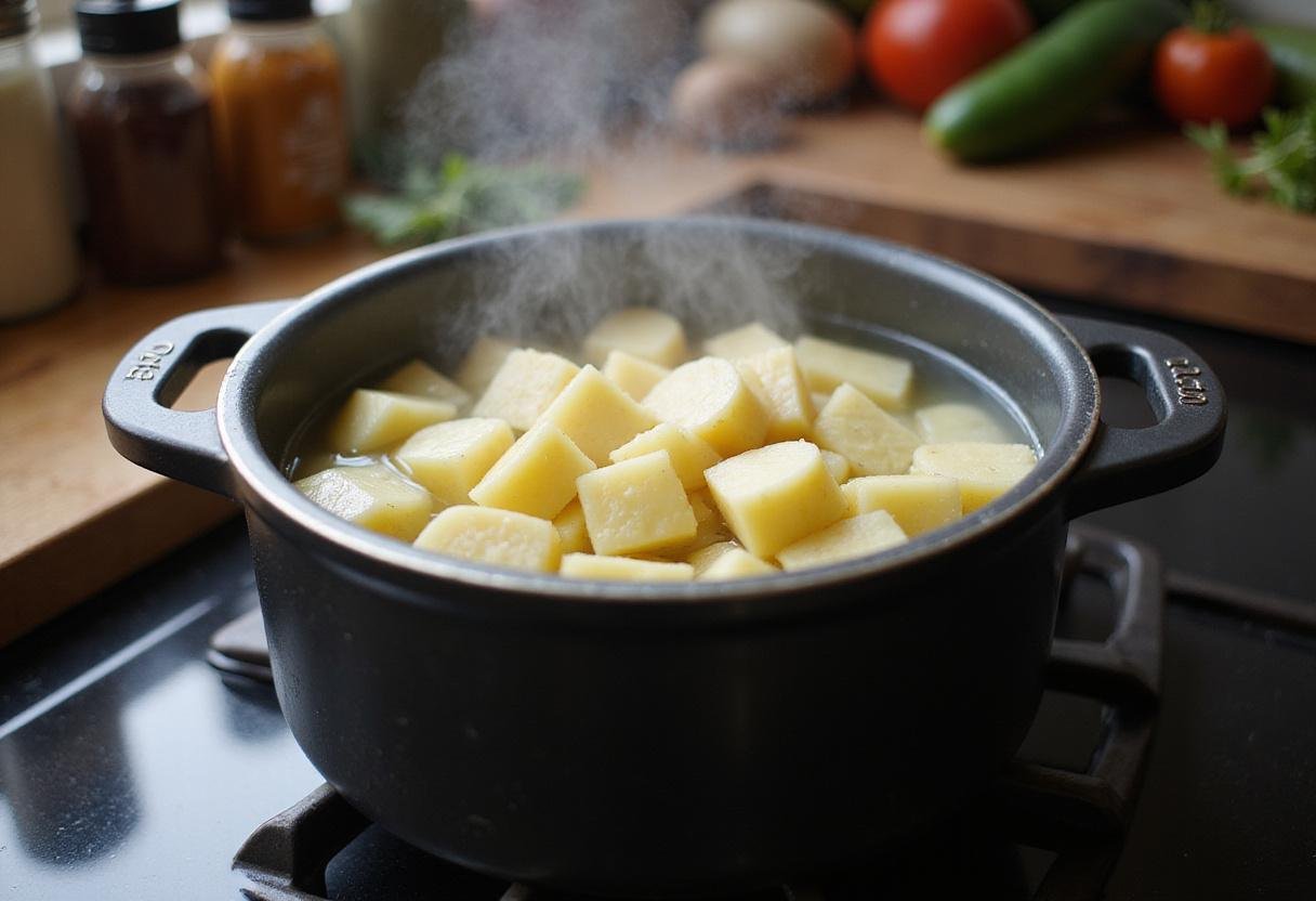 boiling diced potatoes for spicy taco potatoes, preparing flavorful ingredients in a cozy kitchen setting