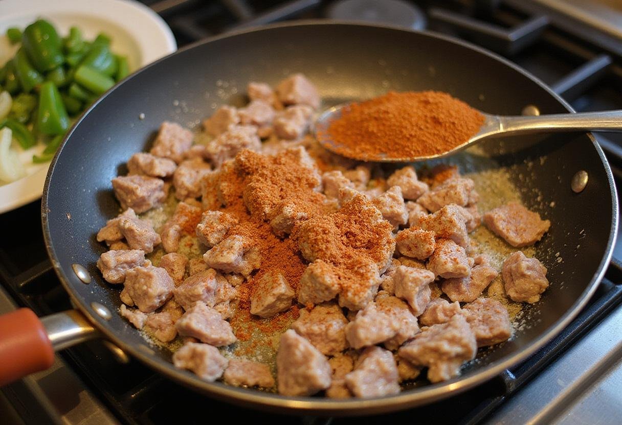 browning ground meat for taco potatoes, vibrant colors of spices and fresh vegetables cooking in a skillet
