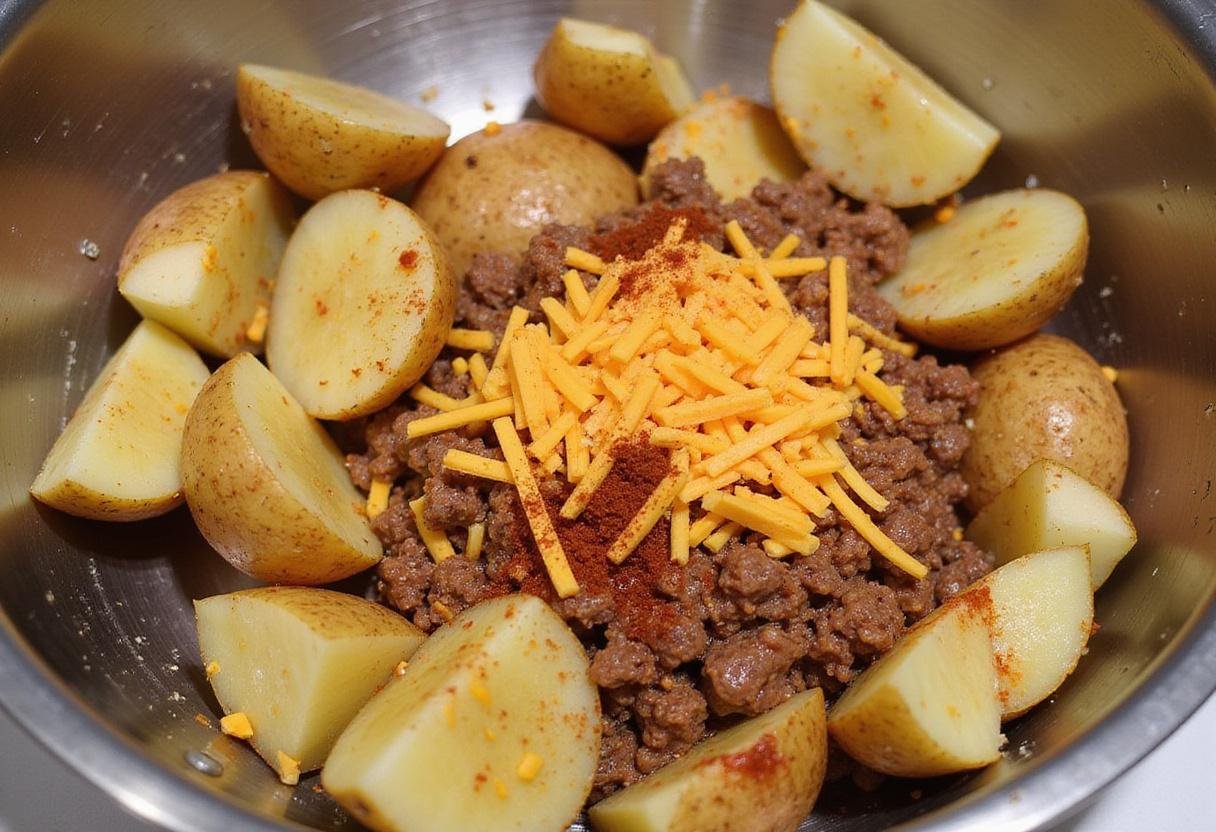 mixing potatoes with taco filling for spicy taco potatoes, rich and flavorful ingredients being combined in a bowl