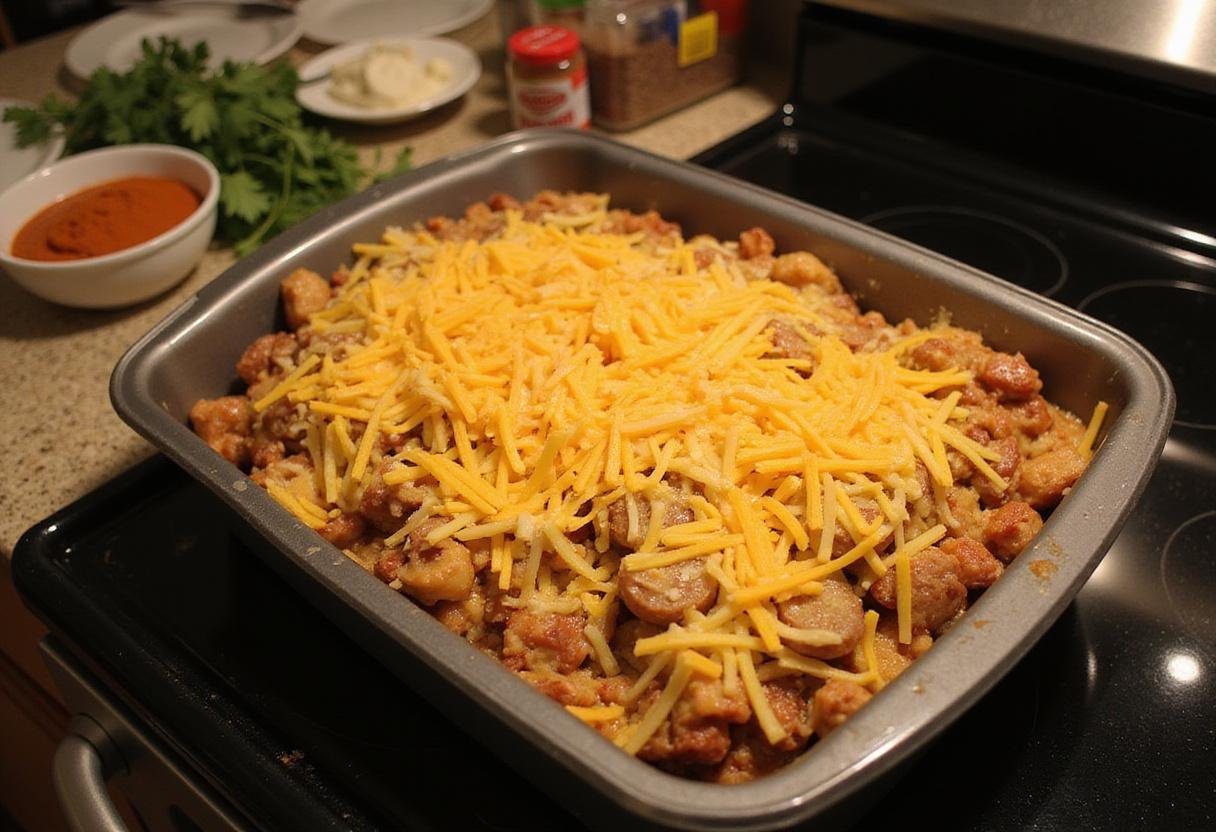 preparing to bake spicy taco potatoes, a colorful and cheesy mixture ready for the oven in a kitchen environment