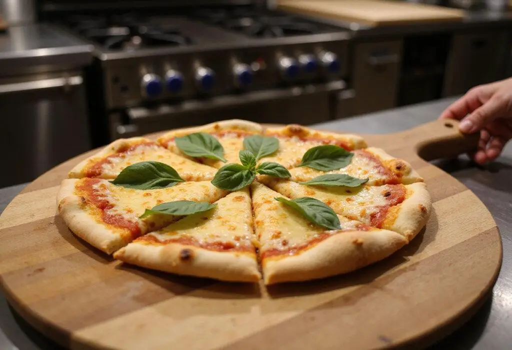Finished pizza from the Stoke pizza oven, perfectly cooked and garnished, ready to be served and enjoyed.