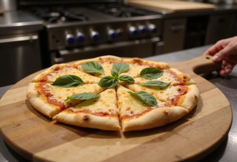 Finished pizza from the Stoke pizza oven, perfectly cooked and garnished, ready to be served and enjoyed.