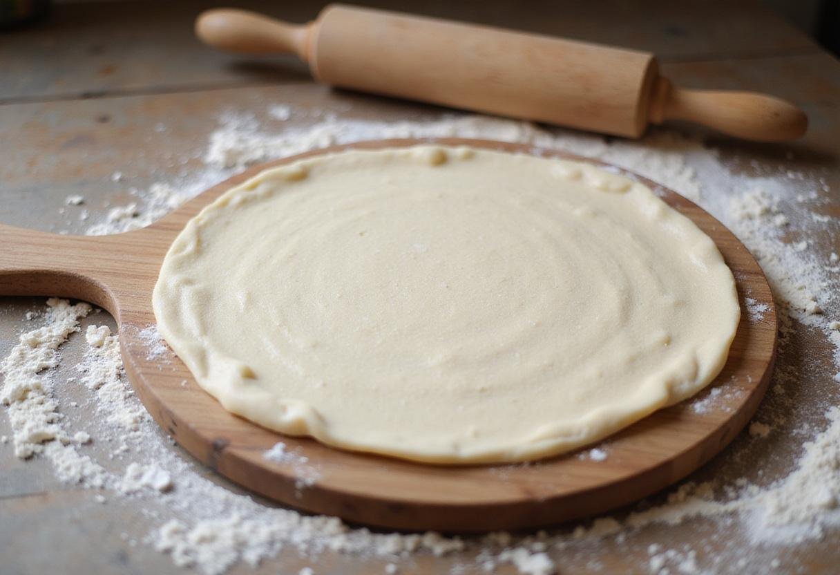 Stoke pizza oven dough preparation with a rustic wooden pizza peel on a flour-dusted surface.
