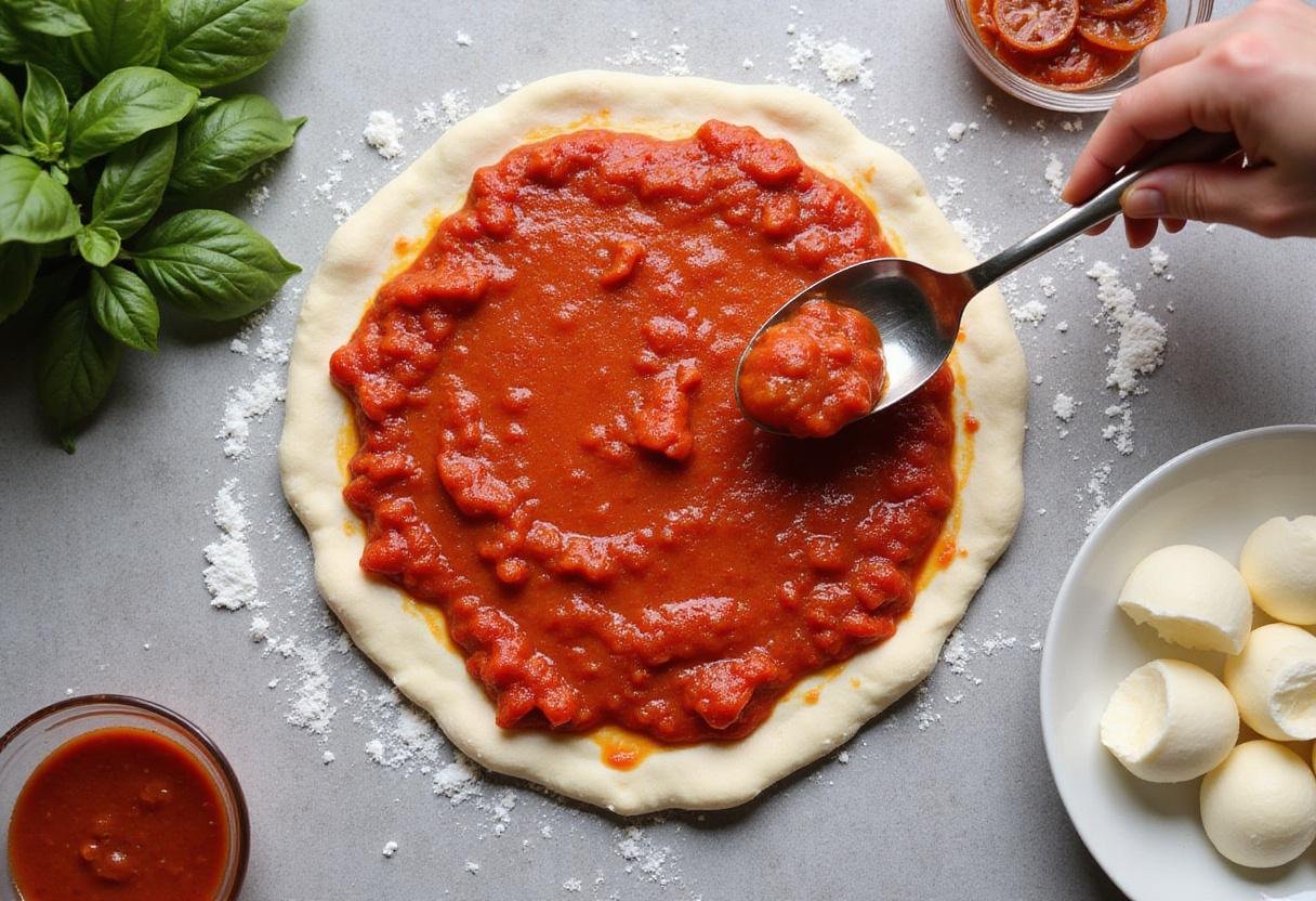 Creating a classic pizza with fresh tomato sauce spread on dough, ready for the Stoke pizza oven.