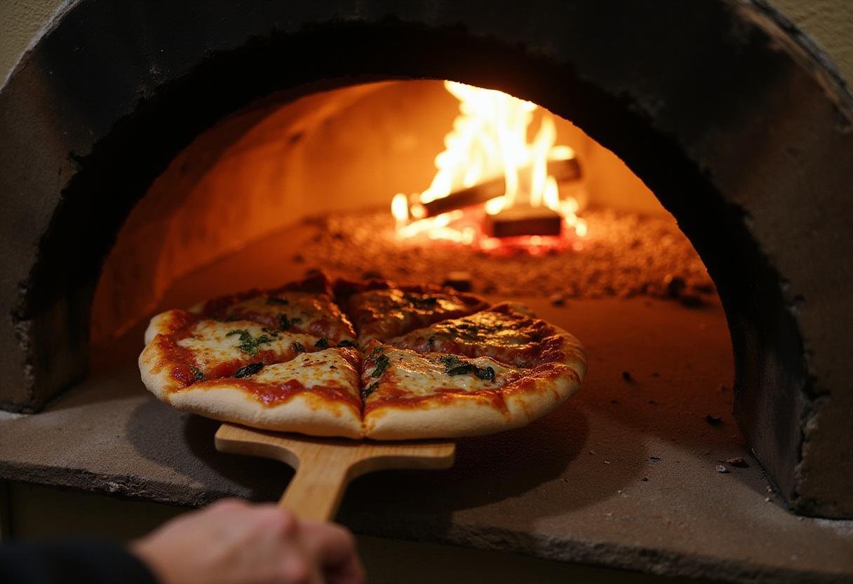 Placing a pizza inside the Stoke pizza oven, showcasing the intense heat and flames for a perfect bake.