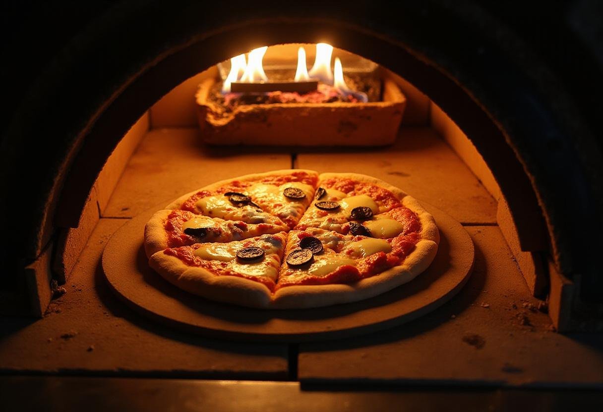 Delicious pizza baking in the Stoke pizza oven with bubbling cheese and crisping toppings for that ideal finish.