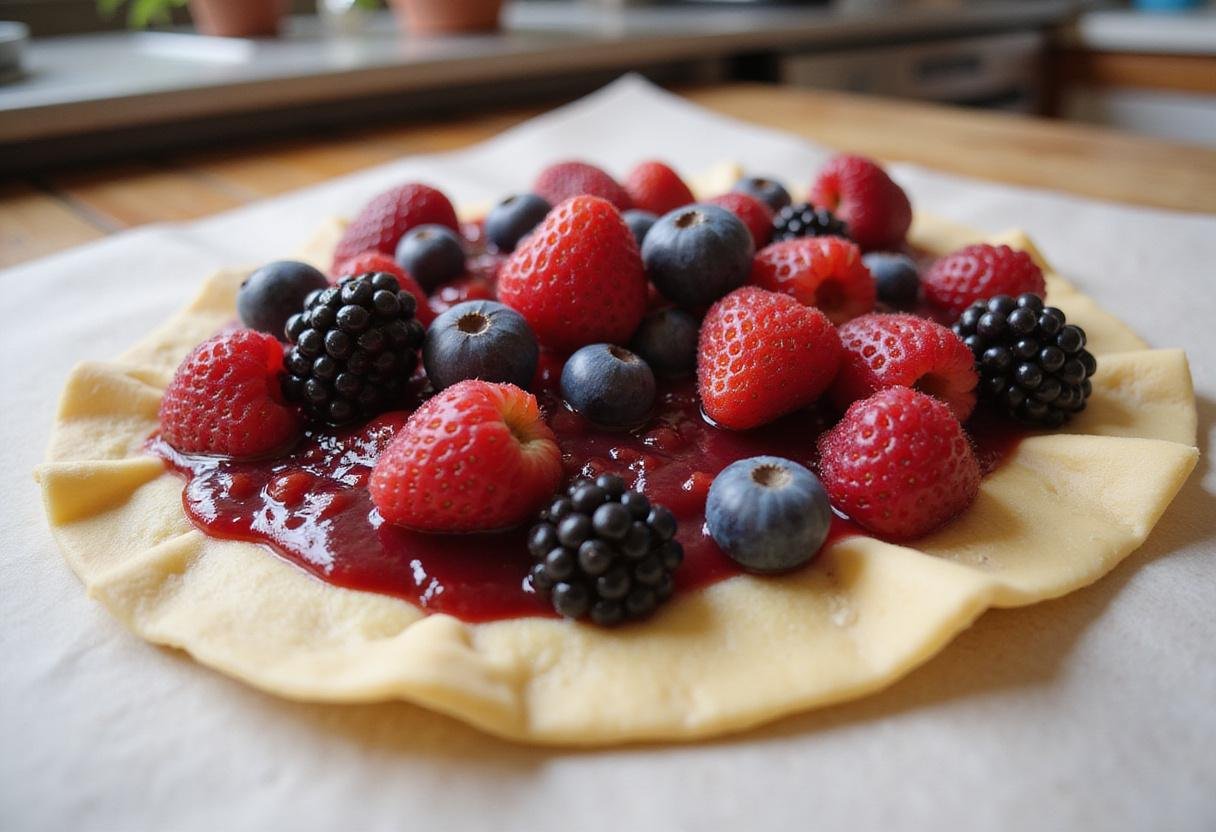 Preparing berry filling for sugar-free morning pastries, showcasing fresh ingredients and healthy toppings.