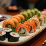Delicious sushi platter at Sushi Siam, showcasing a variety of sushi rolls and dipping sauces, perfect for a delightful meal.