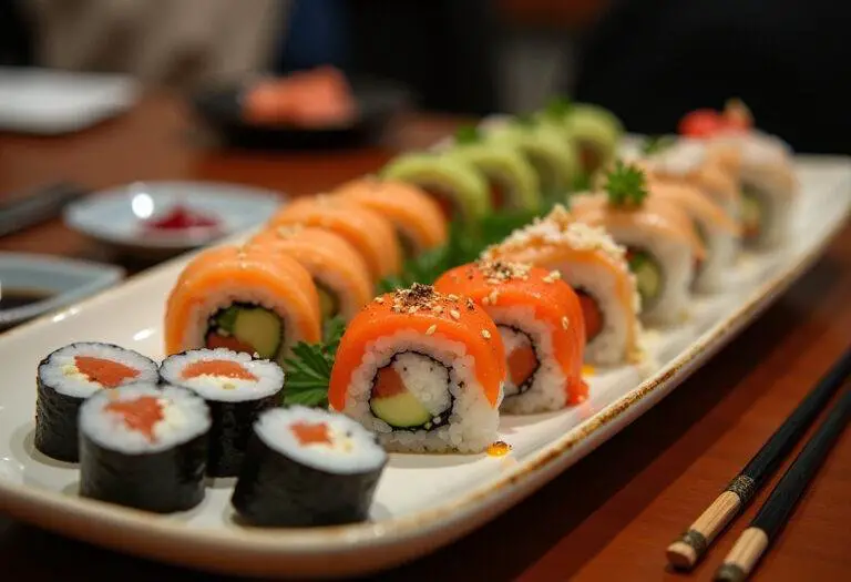 Delicious sushi platter at Sushi Siam, showcasing a variety of sushi rolls and dipping sauces, perfect for a delightful meal.