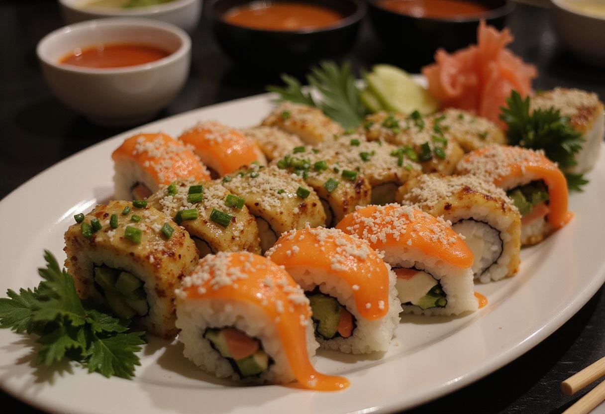 Delicious sushi platter at Sushi Siam, showcasing a variety of sushi rolls and dipping sauces, perfect for a delightful meal.