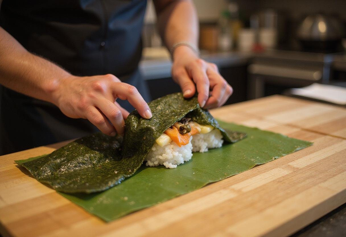 Rolling sushi at Sushi Siam, showcasing the skillful technique of a chef with fresh ingredients wrapped in seaweed.