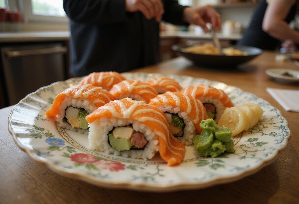 Beautiful sushi rolls presented at Sushi Siam, garnished with wasabi and pickled ginger on a decorative plate.