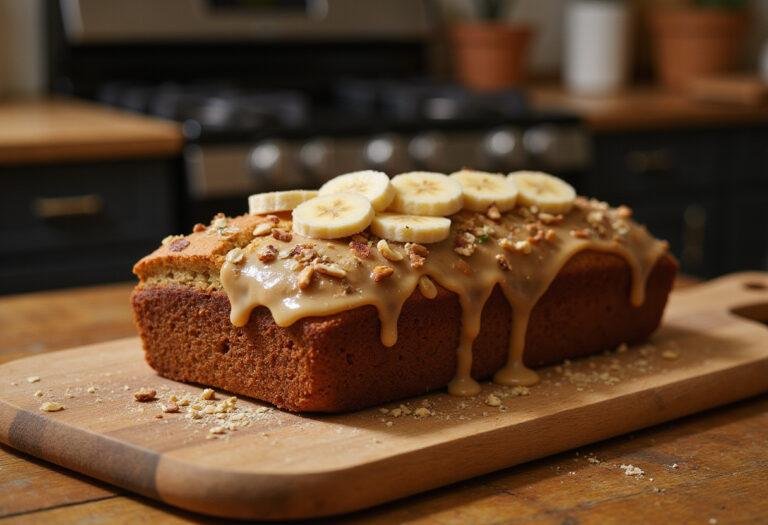 A mouthwatering loaf of banana bread topped with a sweet glaze, perfect for breakfast or dessert, beautifully presented in a rustic kitchen setting.
