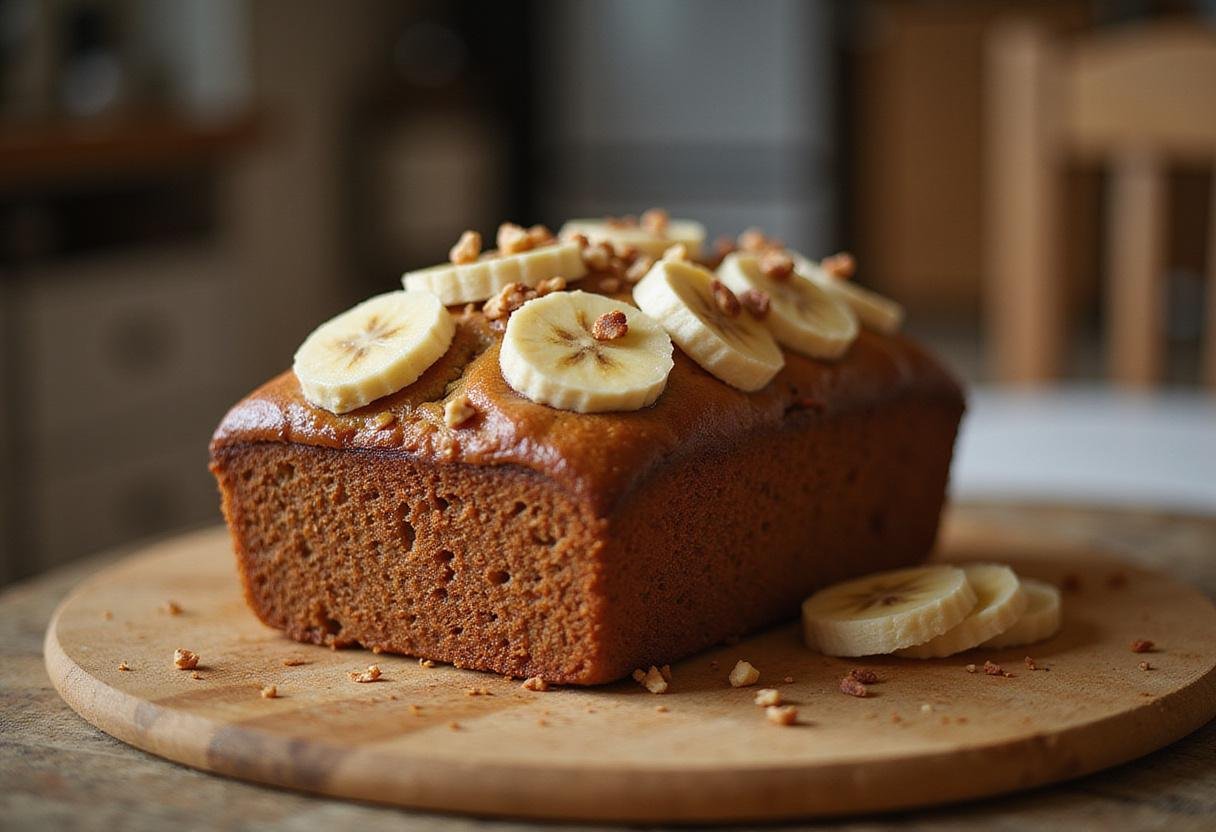 A mouthwatering loaf of banana bread topped with a sweet glaze, perfect for breakfast or dessert, beautifully presented in a rustic kitchen setting.