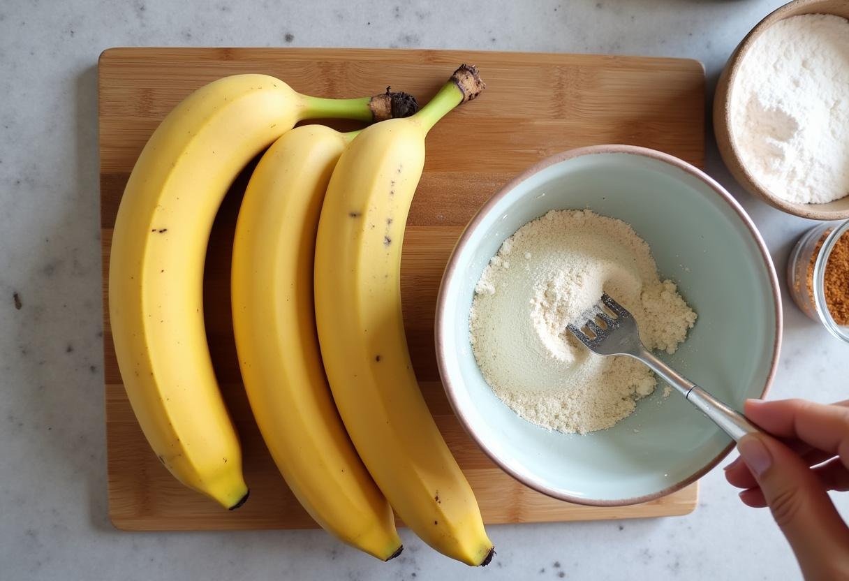 Ripe bananas prepared for mashing to create a delicious glaze for banana bread, with baking ingredients in view.