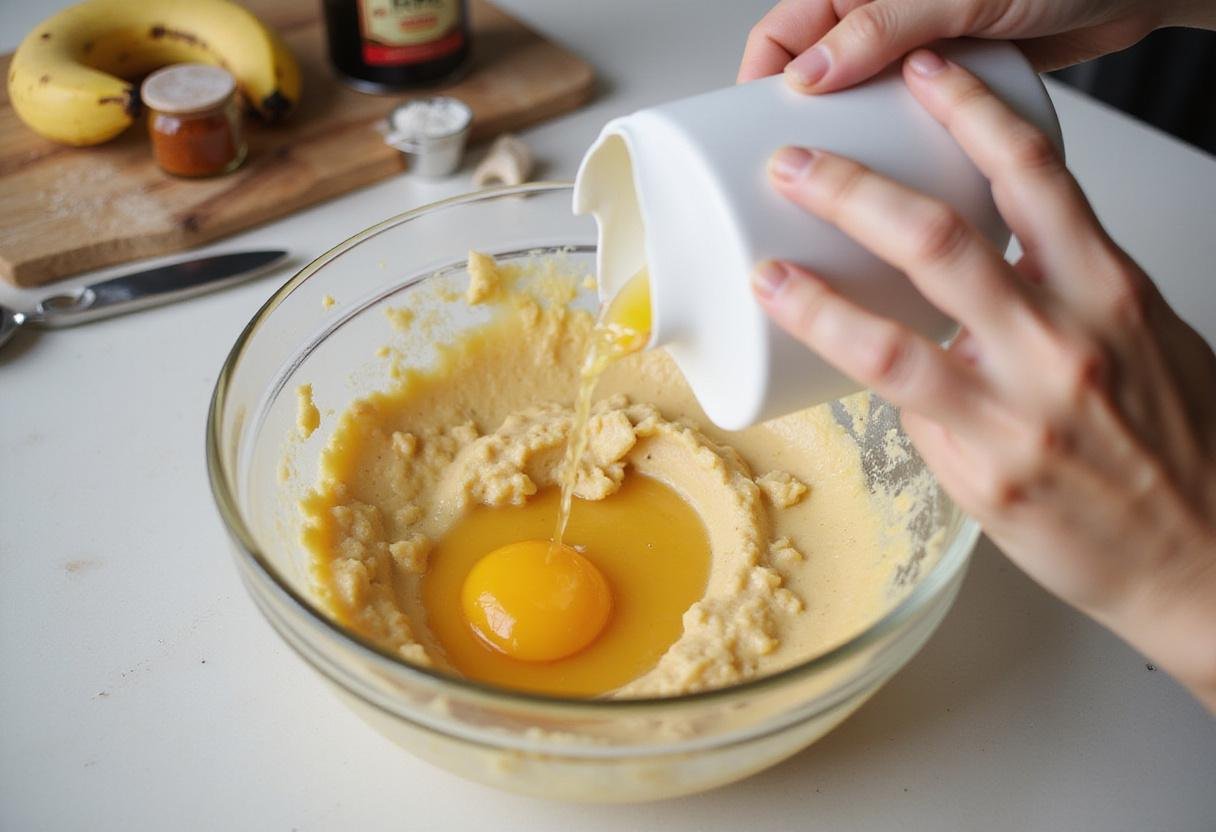 Incorporating egg and vanilla extract into the banana mixture, essential steps for preparing a flavorful glaze for banana bread.