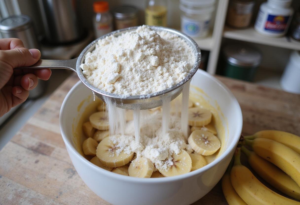 Sifting flour into the banana mixture to prepare a sweet glaze for banana bread, highlighting the baking process in a home kitchen.