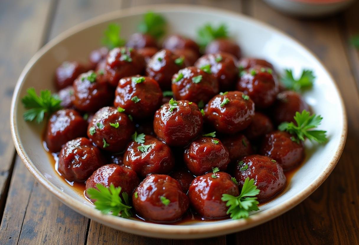 Delicious Sweet Grape Jelly Meatballs served on a platter, garnished with parsley, showcasing the sweet and savory flavors.