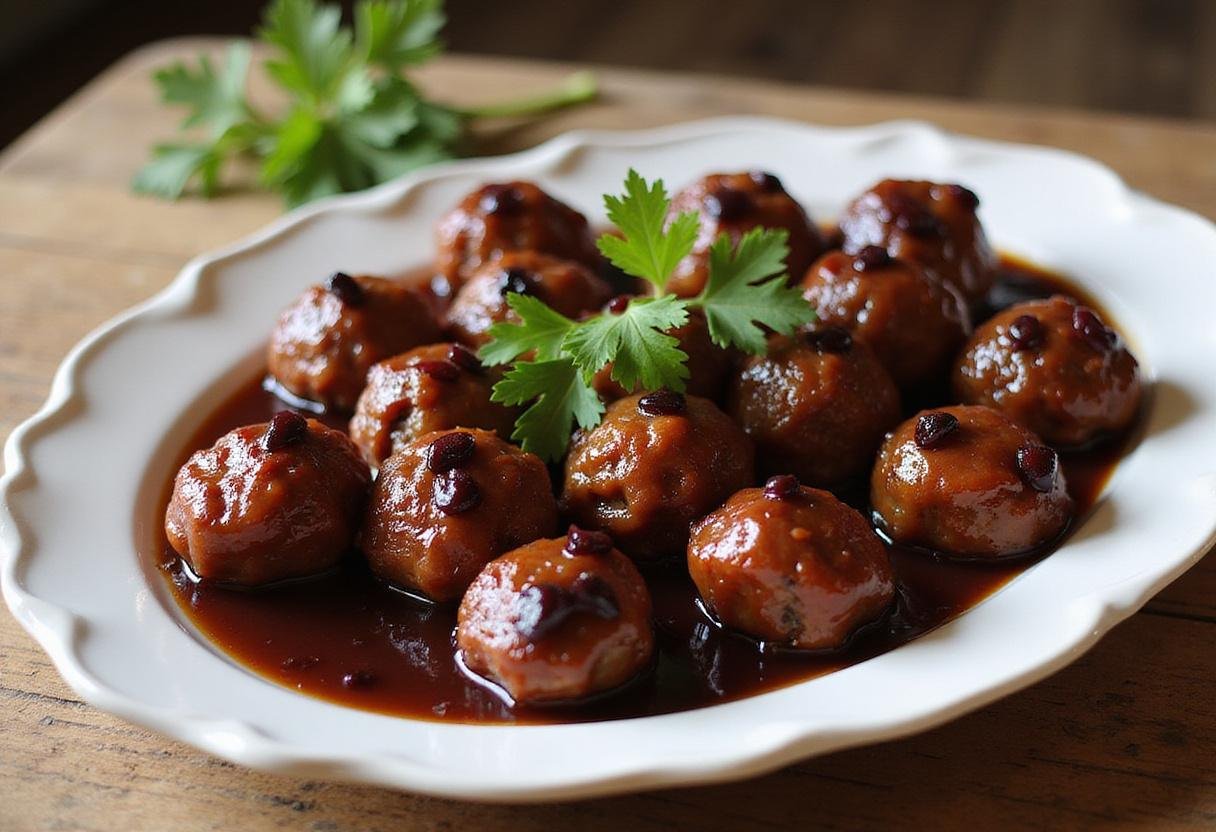 Delicious Sweet Grape Jelly Meatballs served on a platter, garnished with parsley, showcasing the sweet and savory flavors.