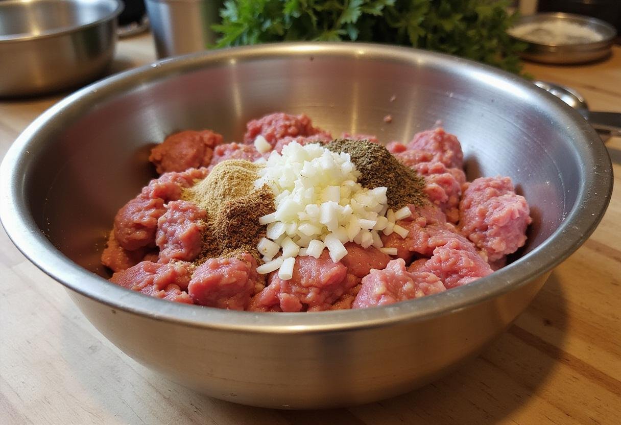 Preparing meat mixture for Sweet Grape Jelly Meatballs with ground meat, onions, and seasonings.
