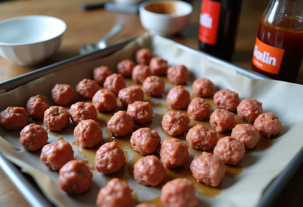 Shaping meatballs for Sweet Grape Jelly Meatballs with grape jelly and BBQ sauce on standby for flavoring.